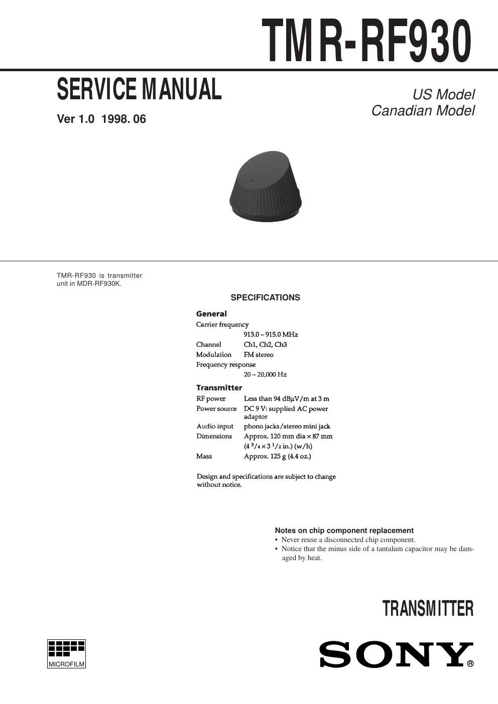 sony tmr rf 930 service manual