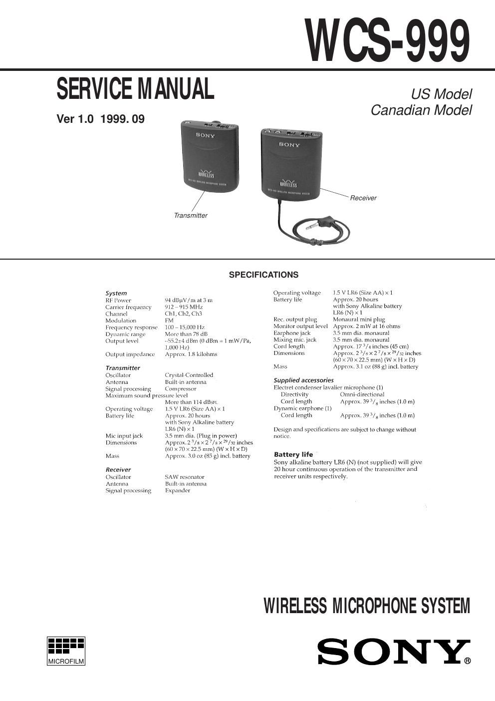 sony wcs 999 service manual