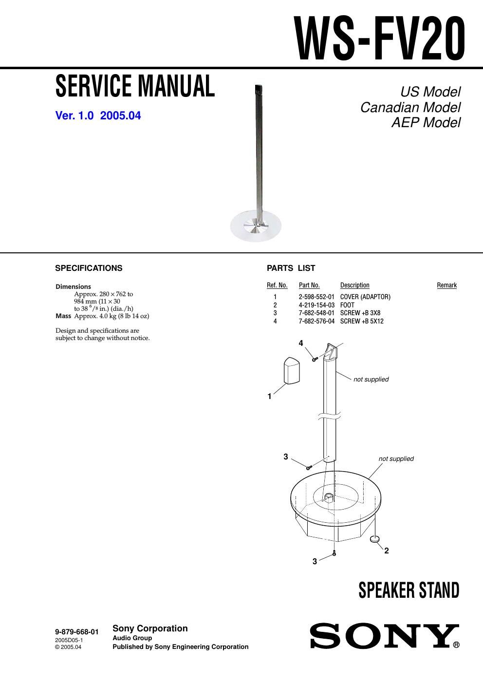 sony ws fv 20 service manual