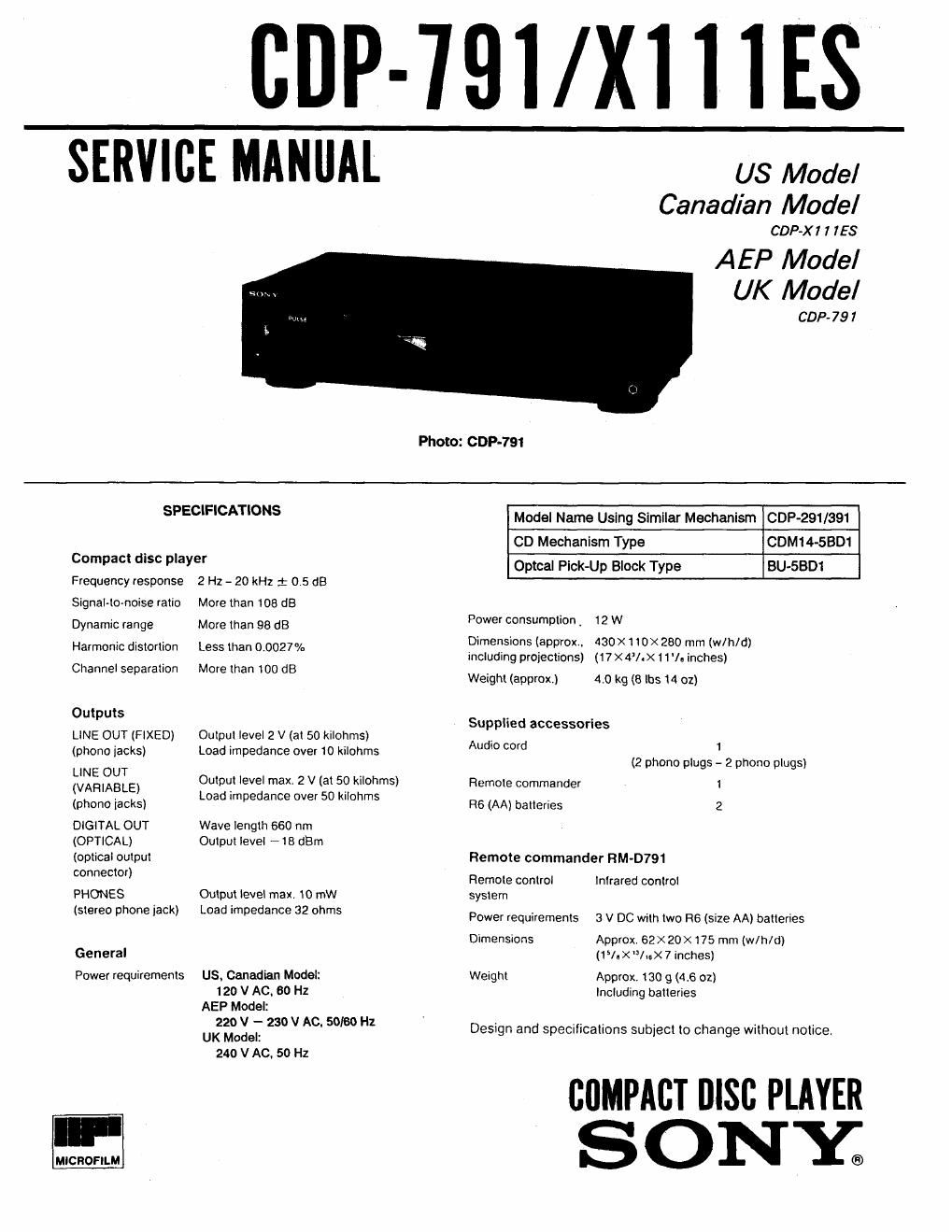 sony x 111 es service manual