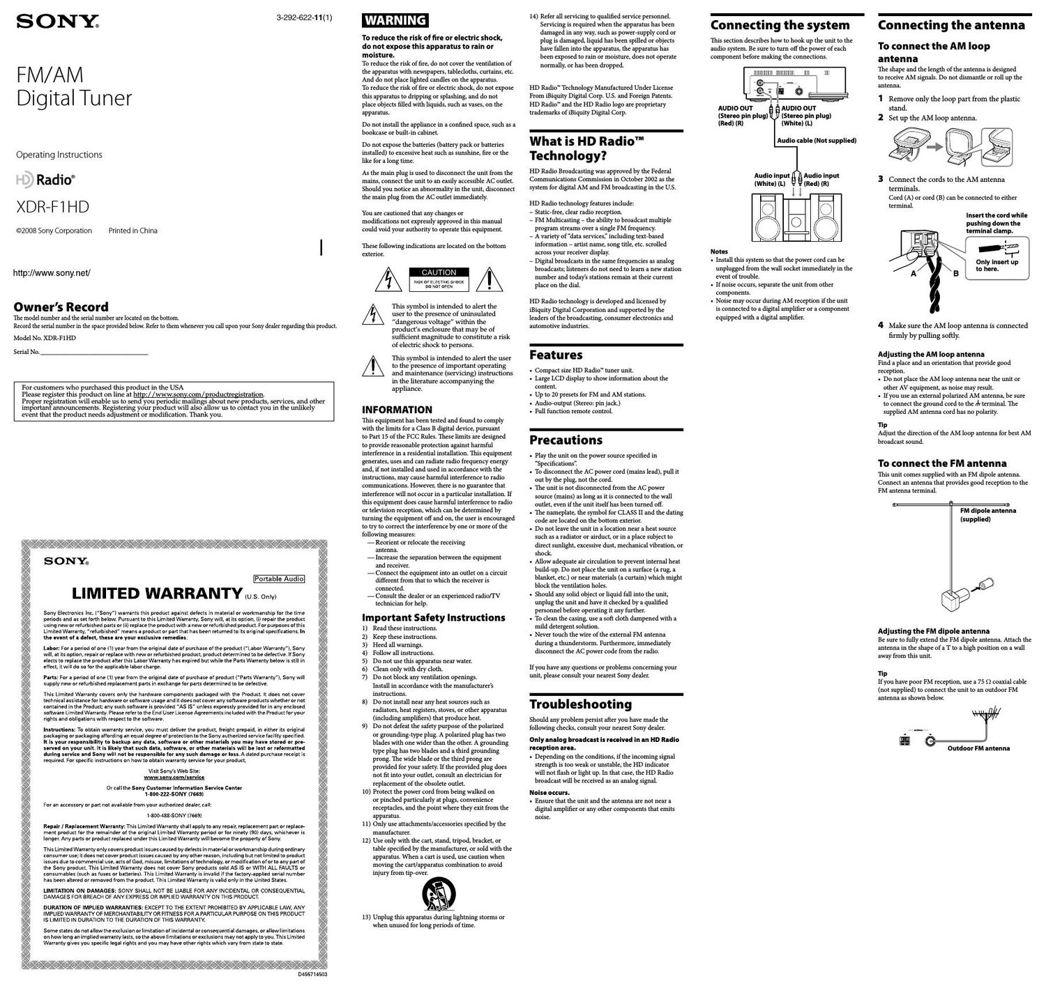 sony xdr f 1 hd owners manual