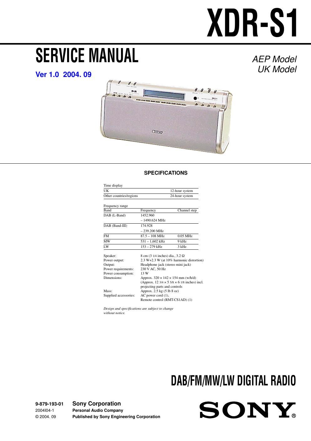 sony xdr s 1 service manual