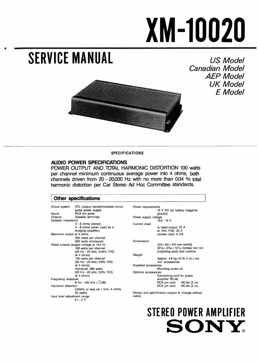 sony xm 10020 service manual
