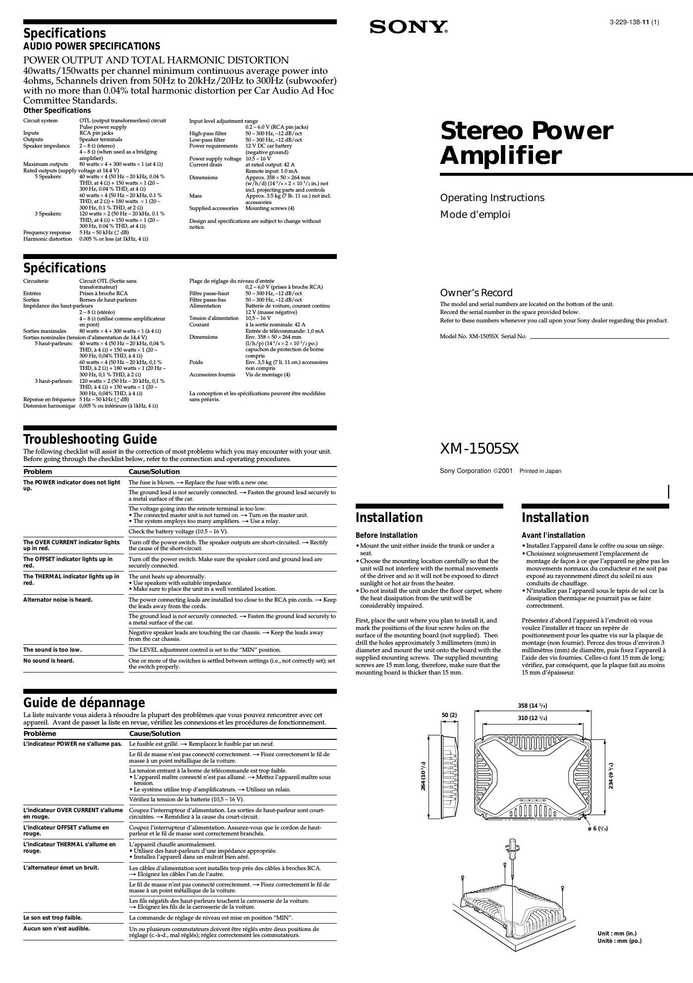 sony xm 1505 sx owners manual