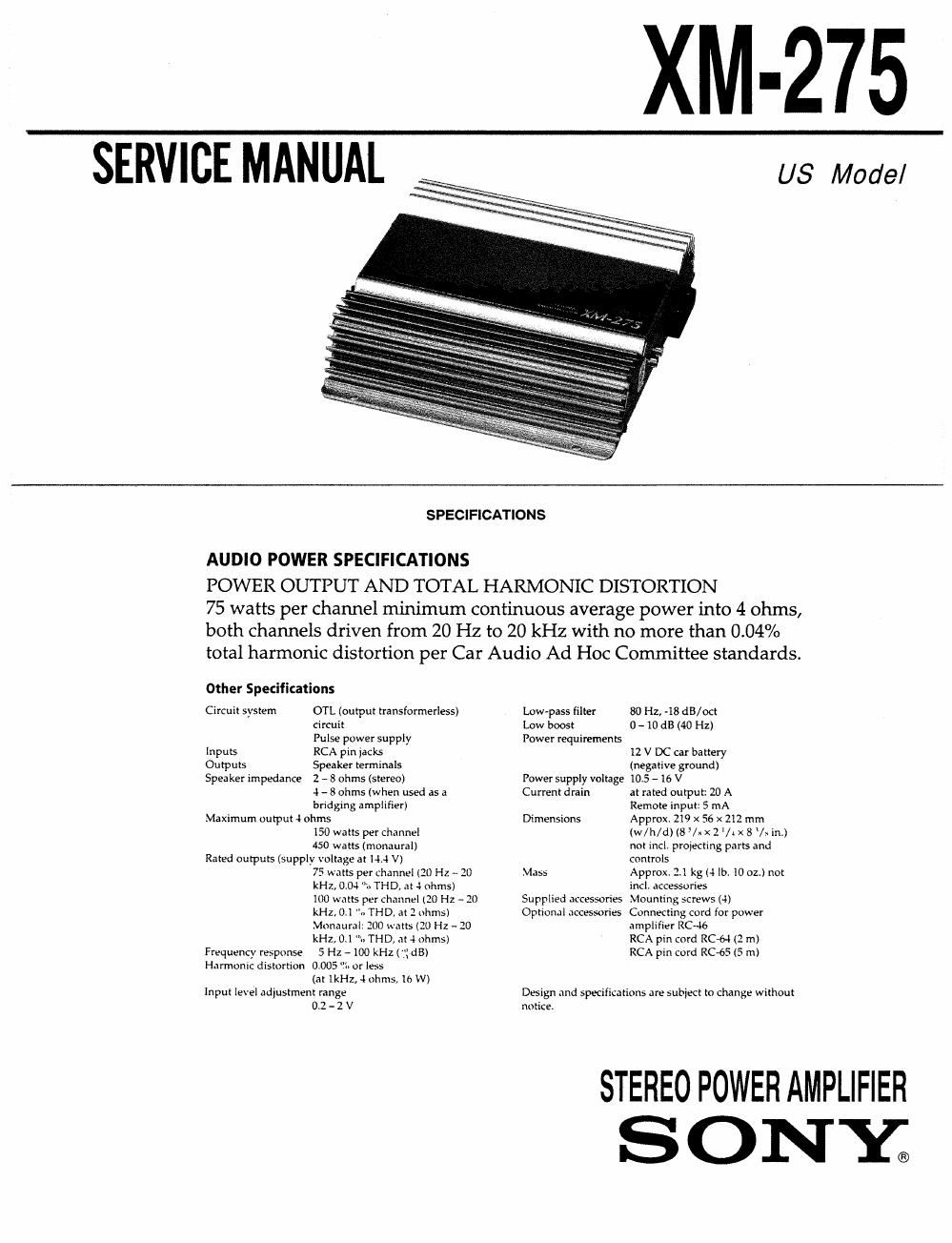 sony xm 275 service manual