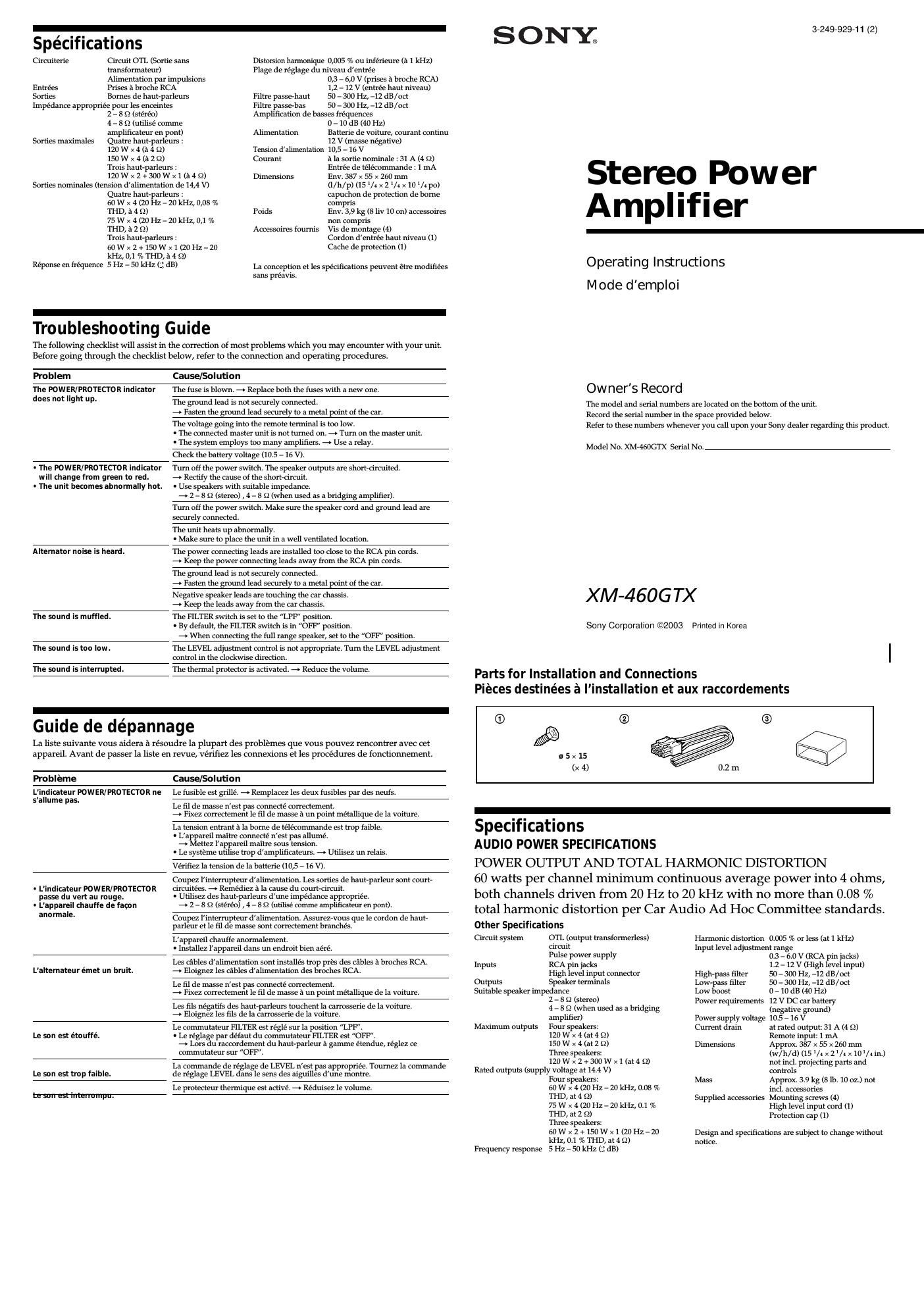 sony xm 460 gtx owners manual