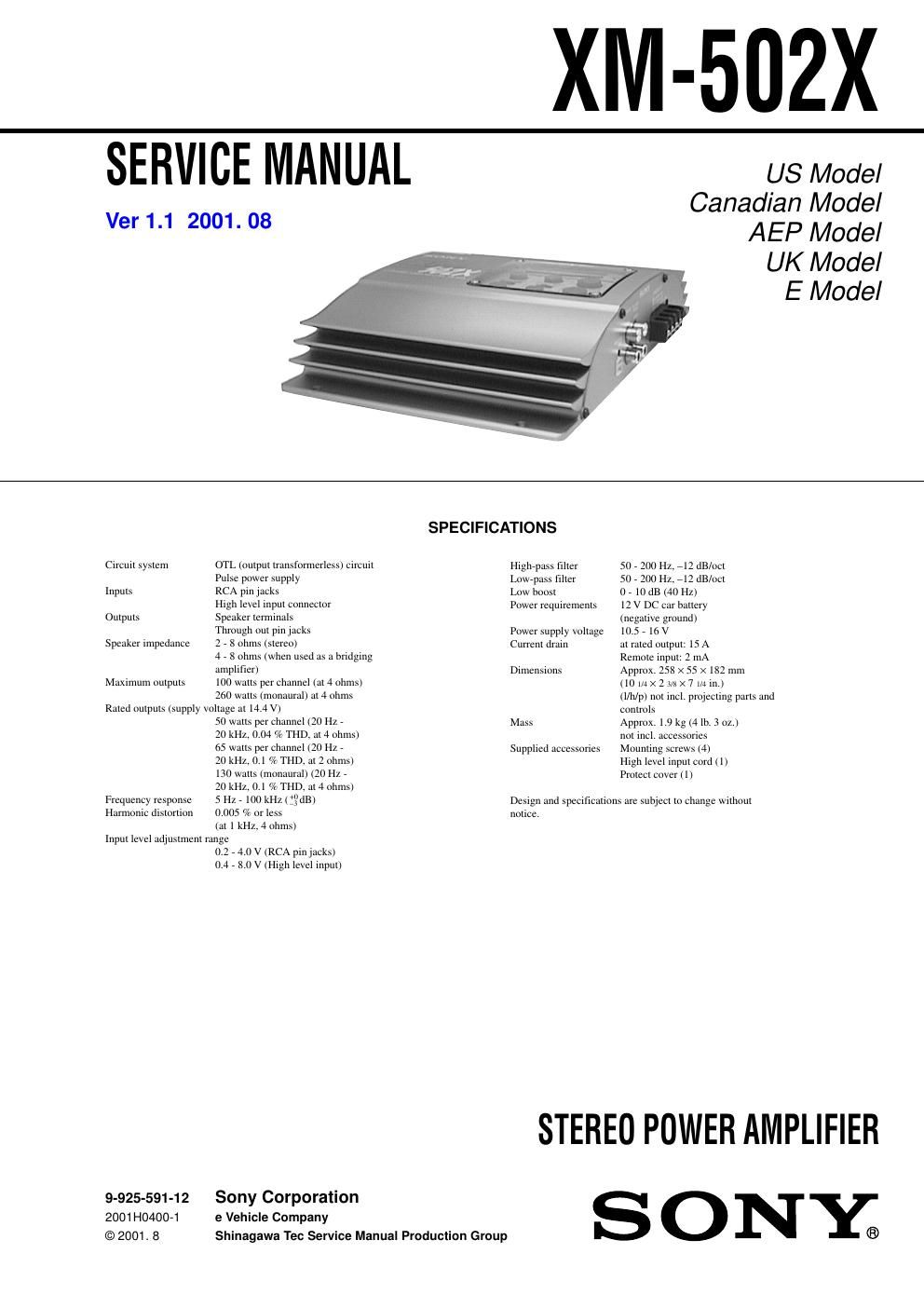 sony xm 502 x service manual