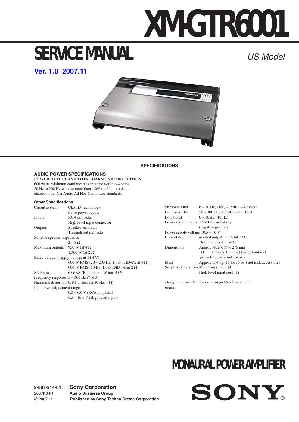 sony xmgtr 6001 service manual