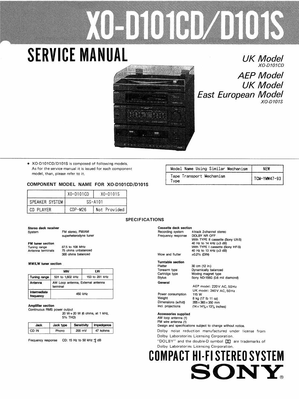 sony xo d 101 cd service manual