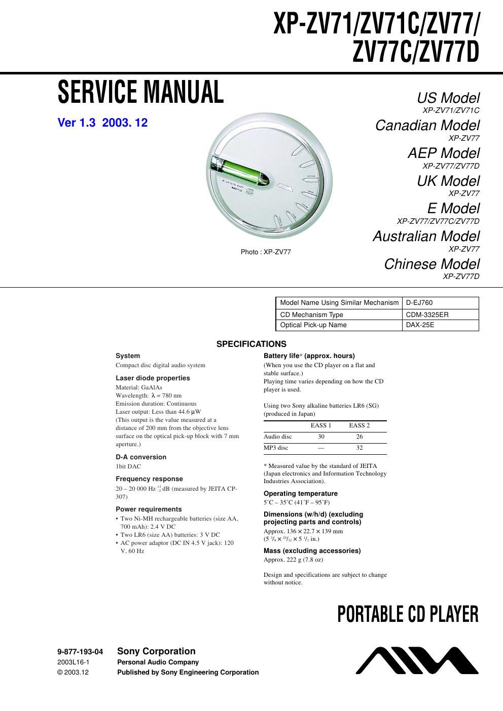 sony xp zv 71 c service manual