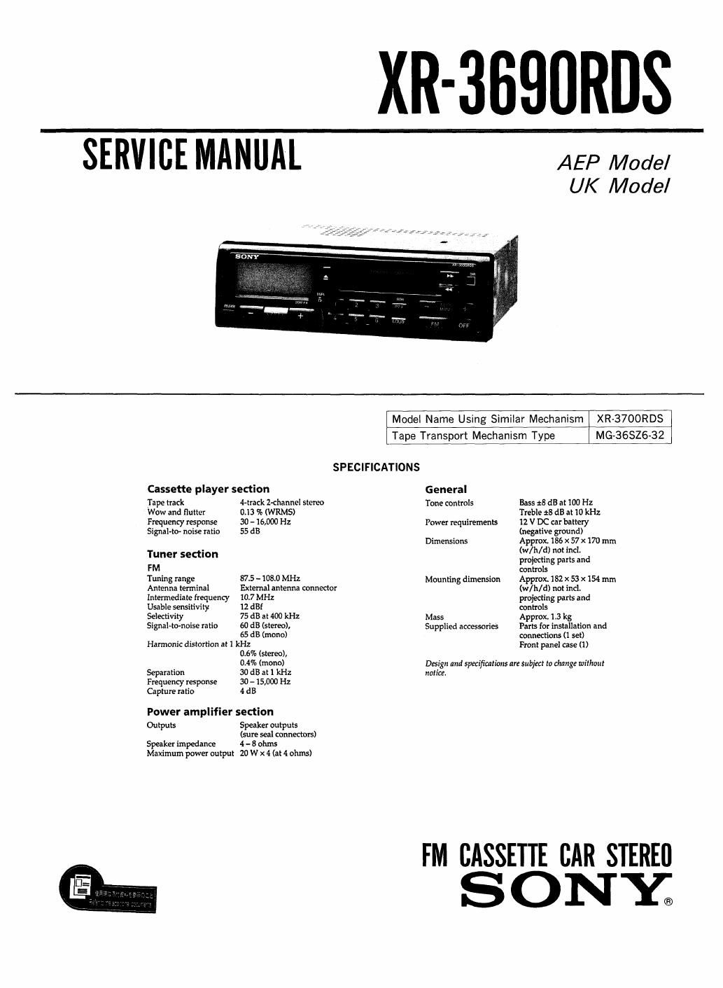 sony xr 3690 rds service manual