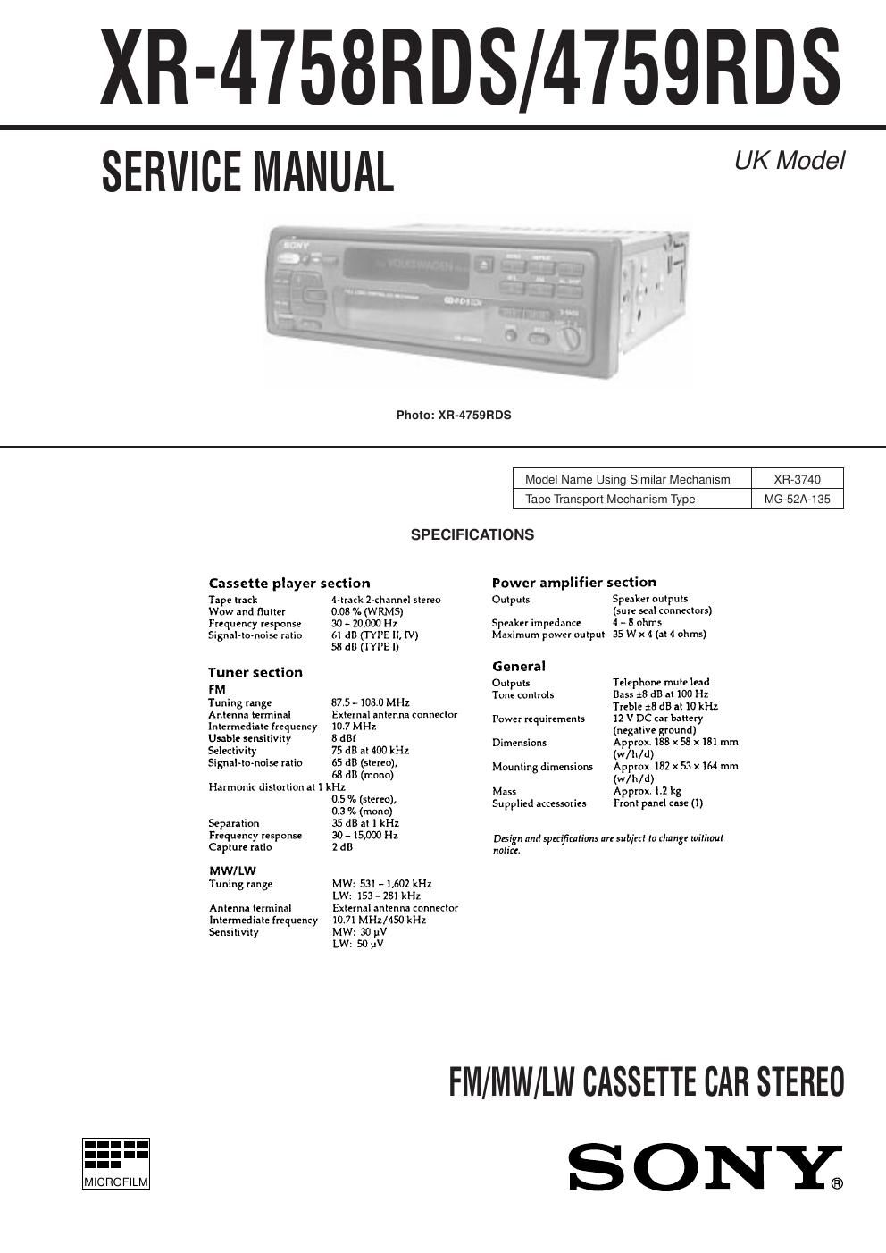 sony xr 4759 rds service manual