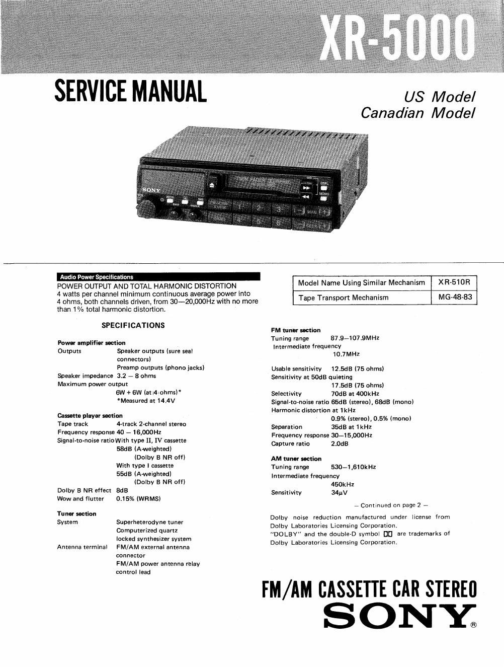 sony xr 5000 service manual