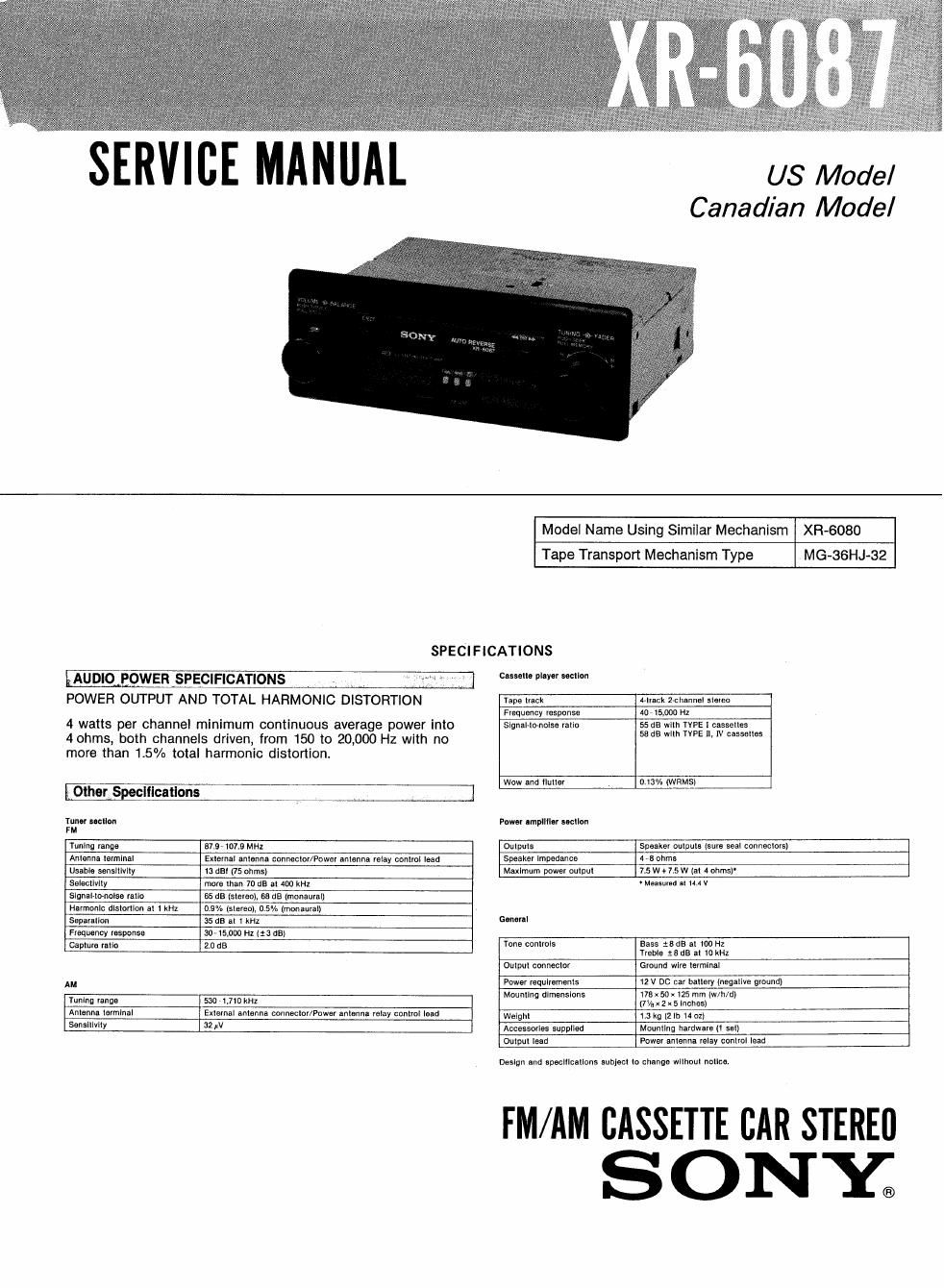 sony xr 6087 service manual