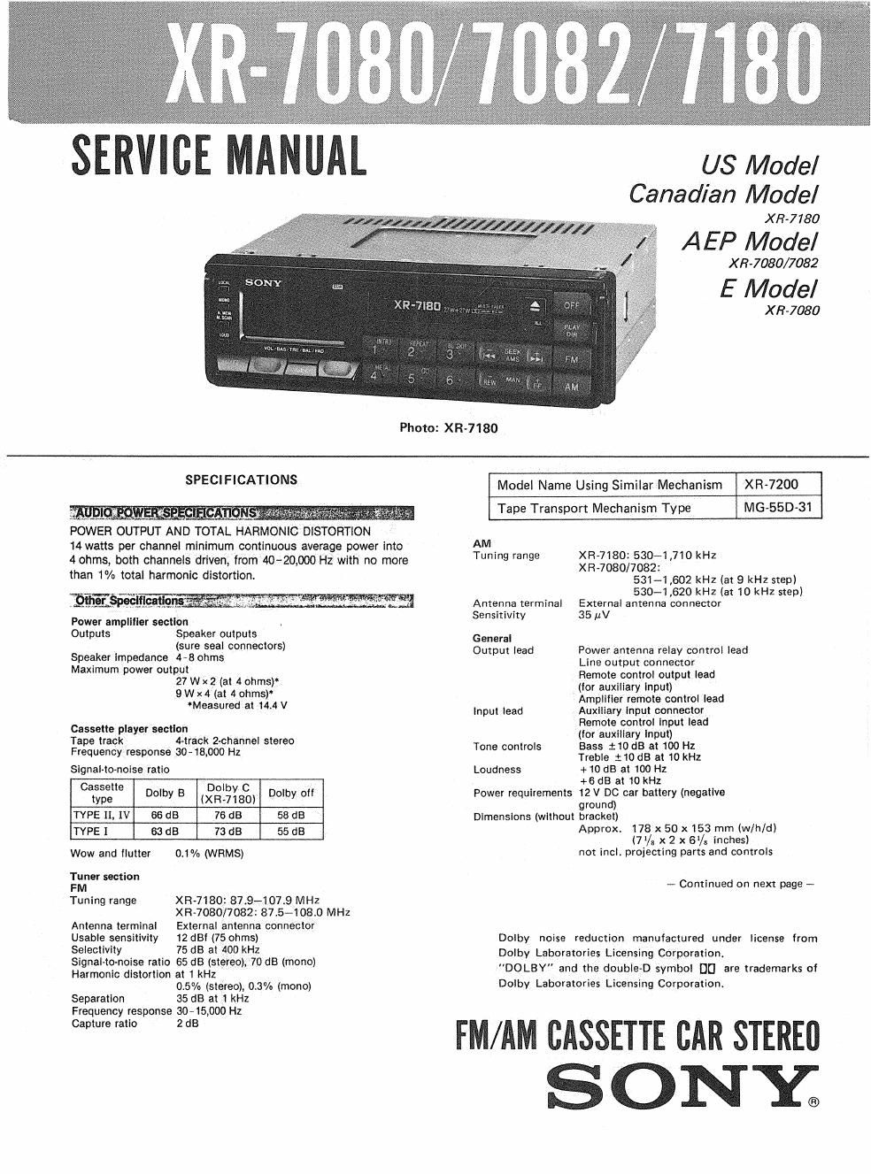 sony xr 7180 service manual