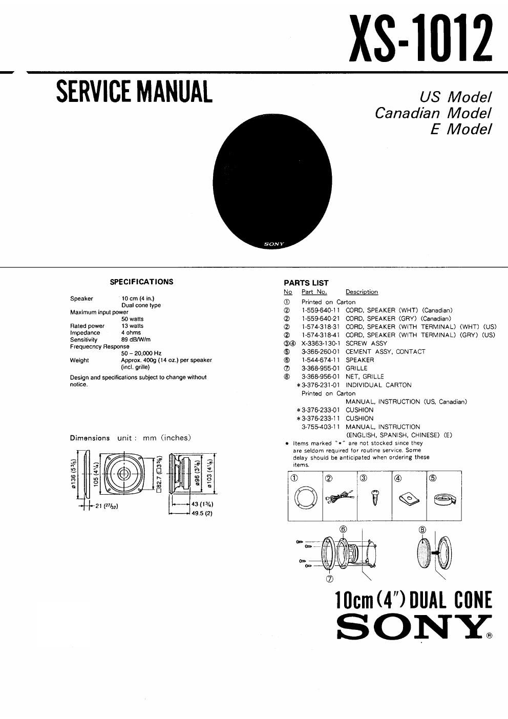 sony xs 1012 service manual