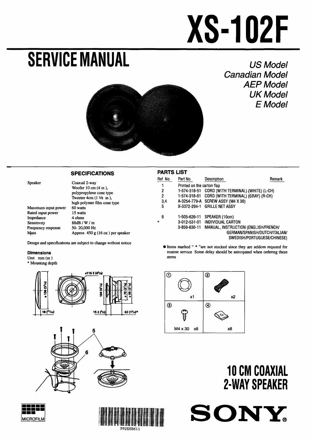 sony xs 102 f service manual