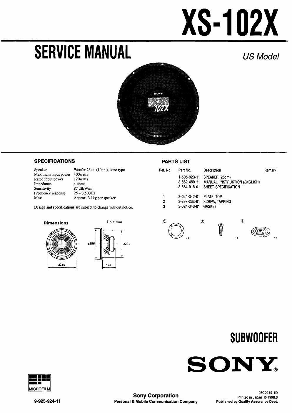 sony xs 102 x service manual