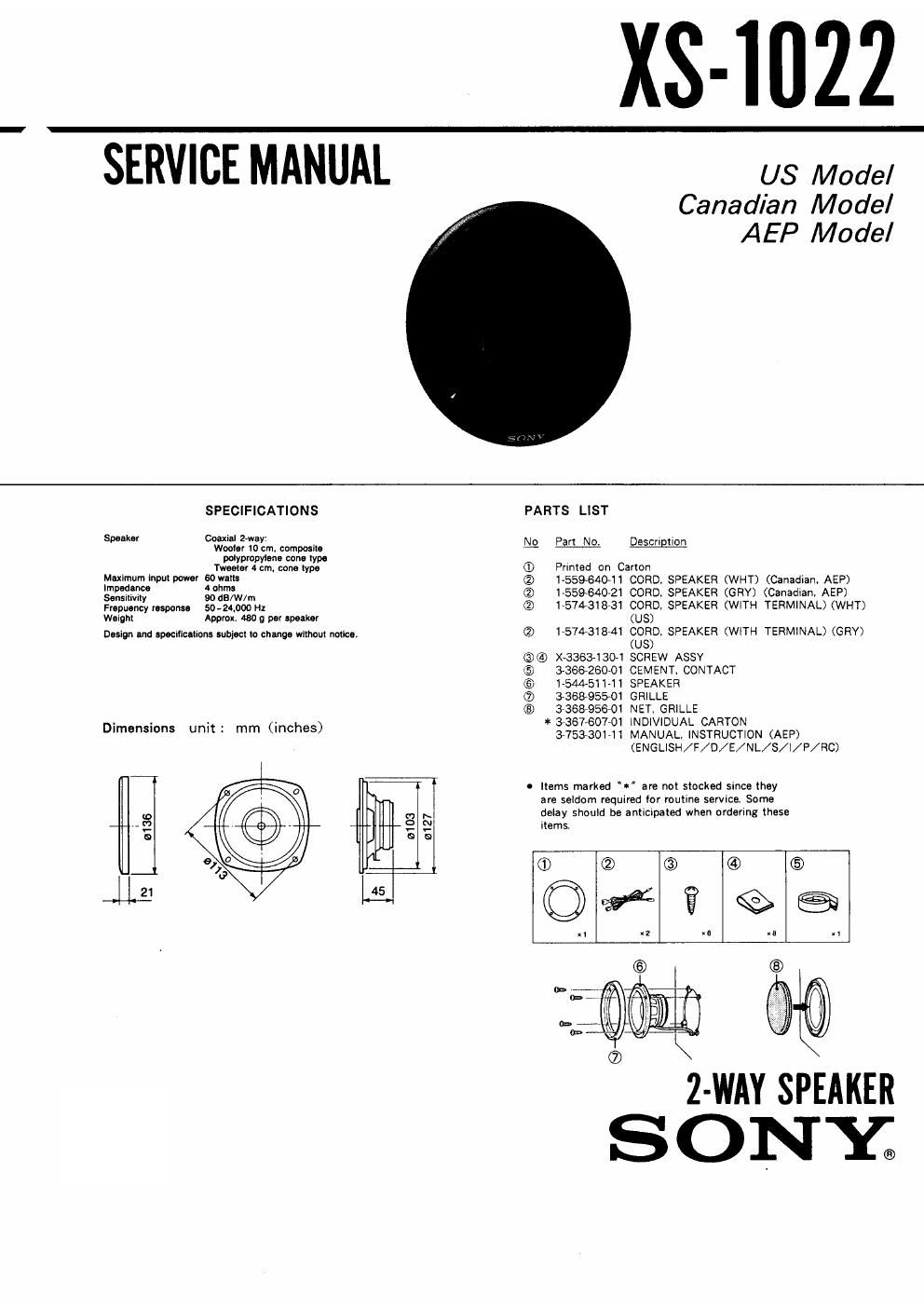 sony xs 1022 service manual