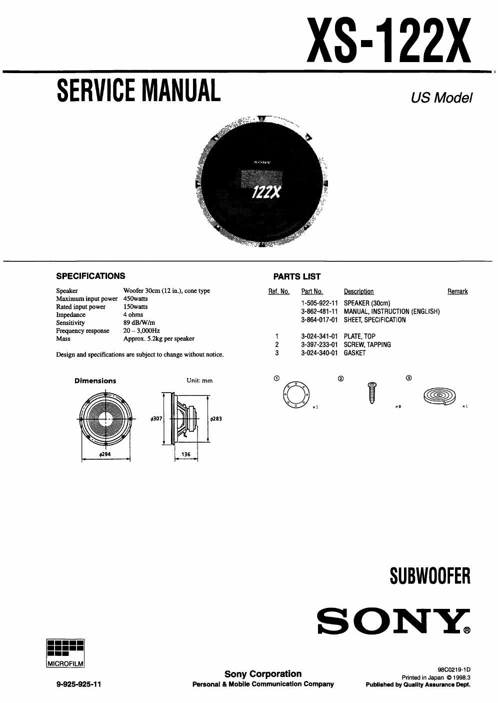 sony xs 122 x service manual