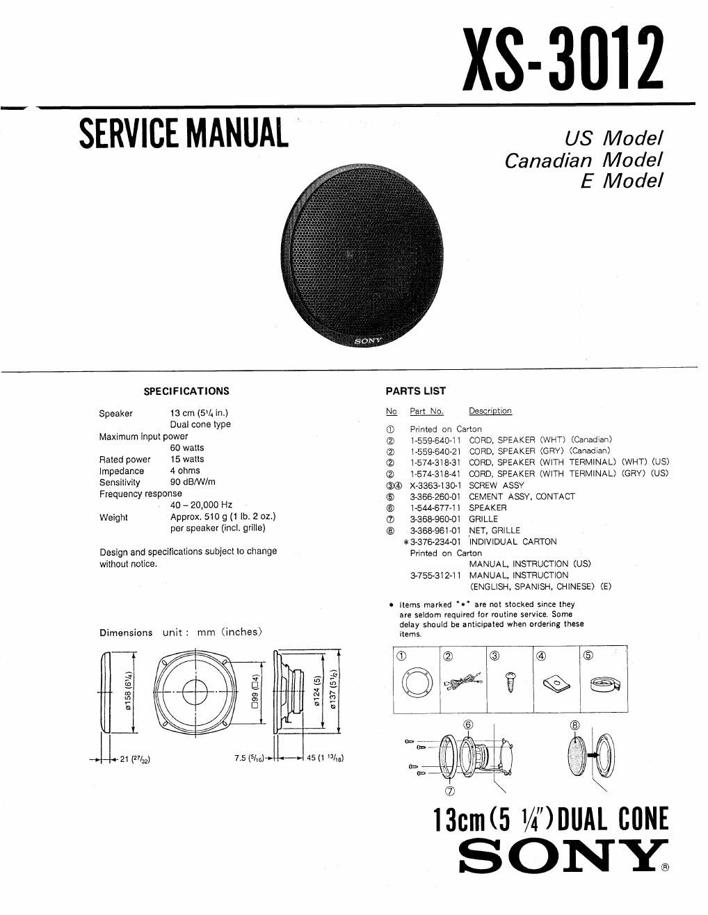 sony xs 3012 service manual