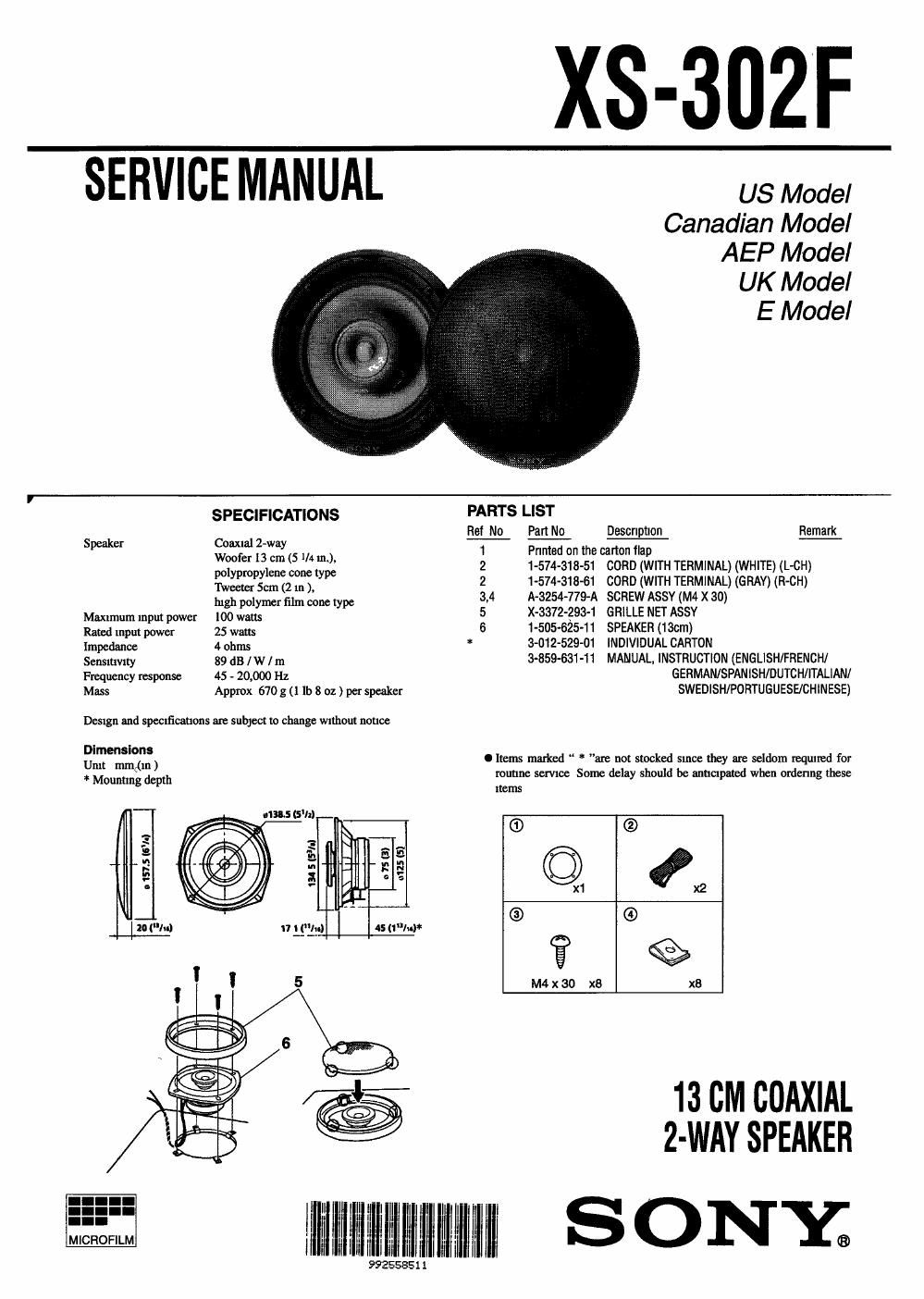 sony xs 302 f service manual