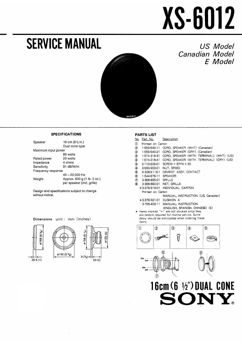 sony xs 6012 service manual