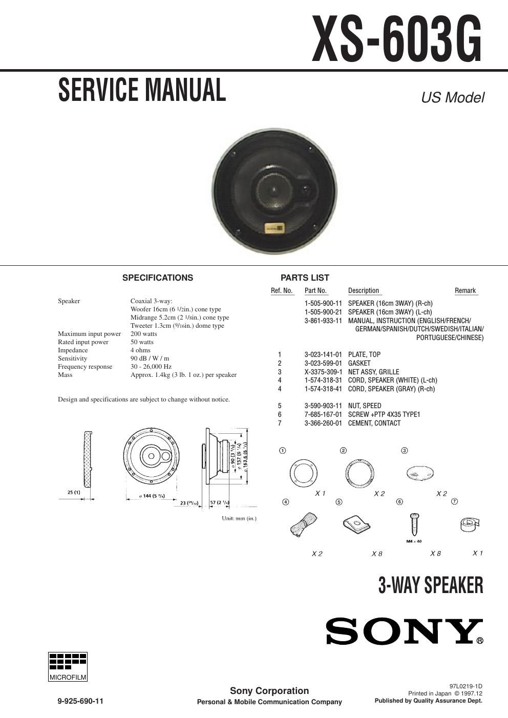 sony xs 603 g service manual