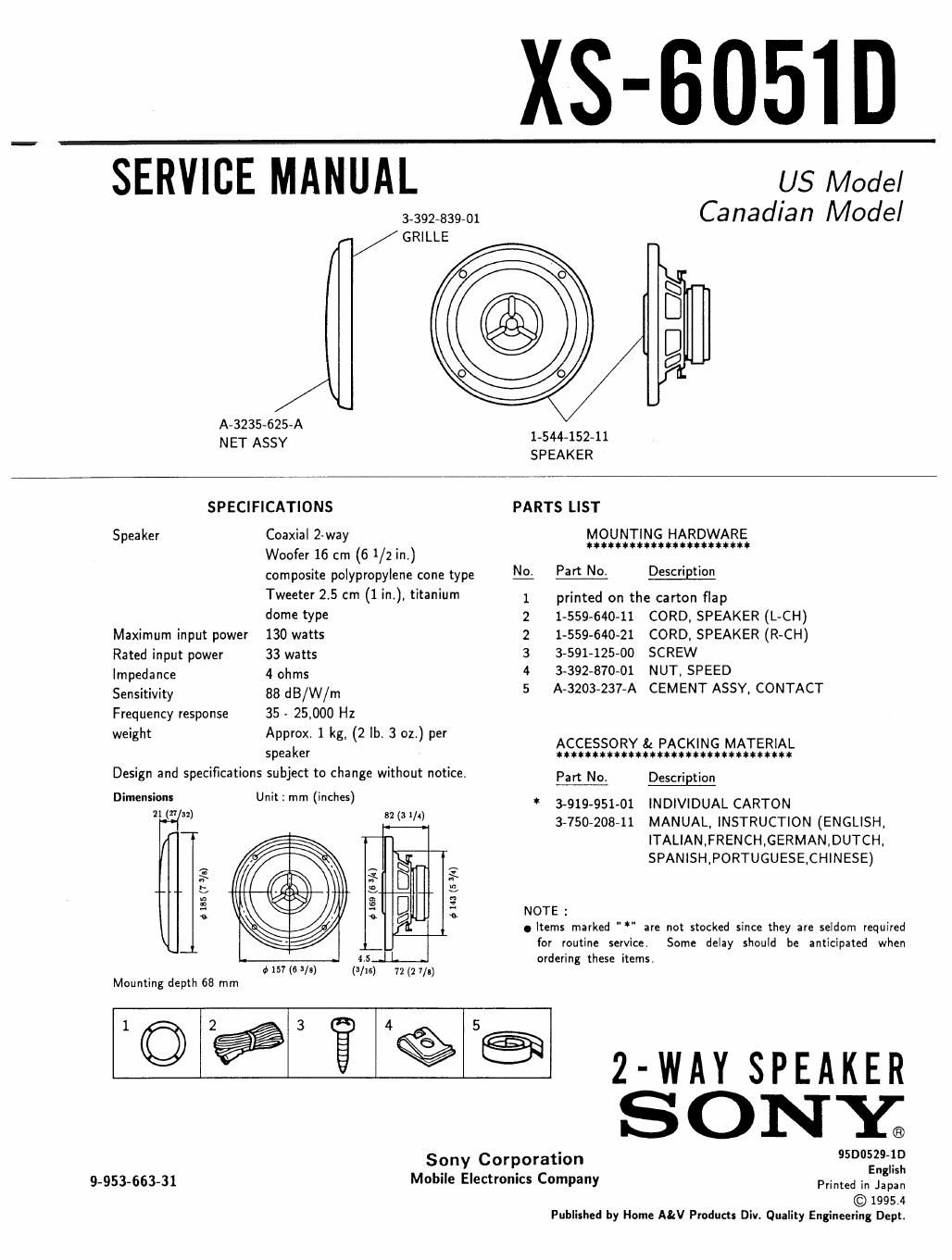 sony xs 6051 d service manual