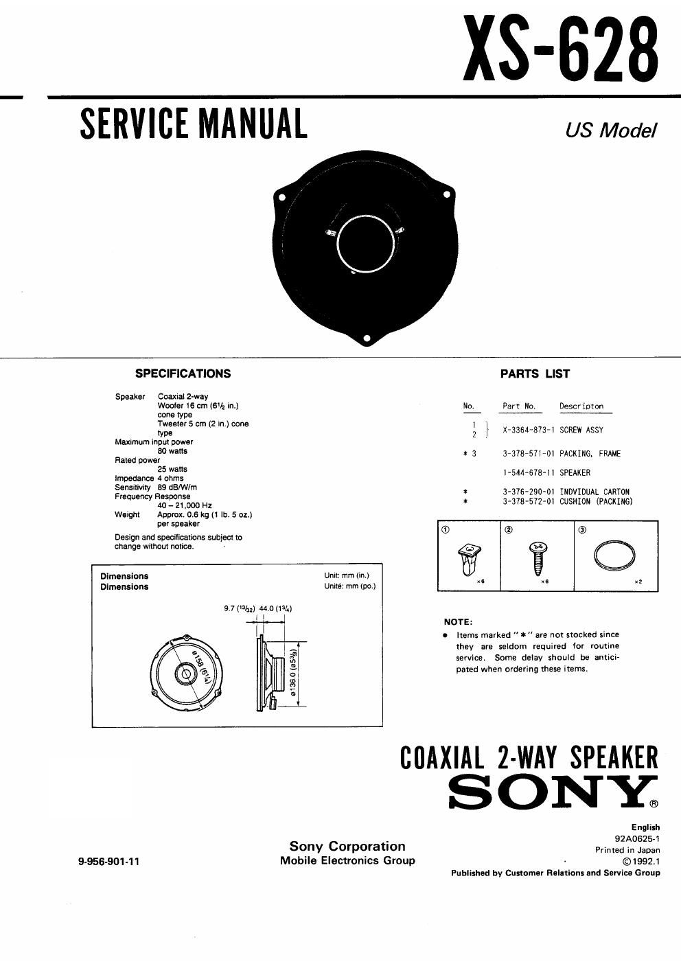 sony xs 628 service manual