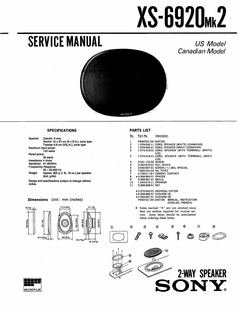 sony xs 6920 mk2 service manual