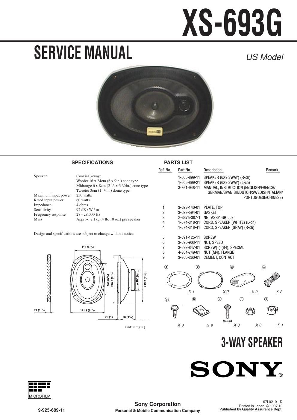 sony xs 693 g service manual