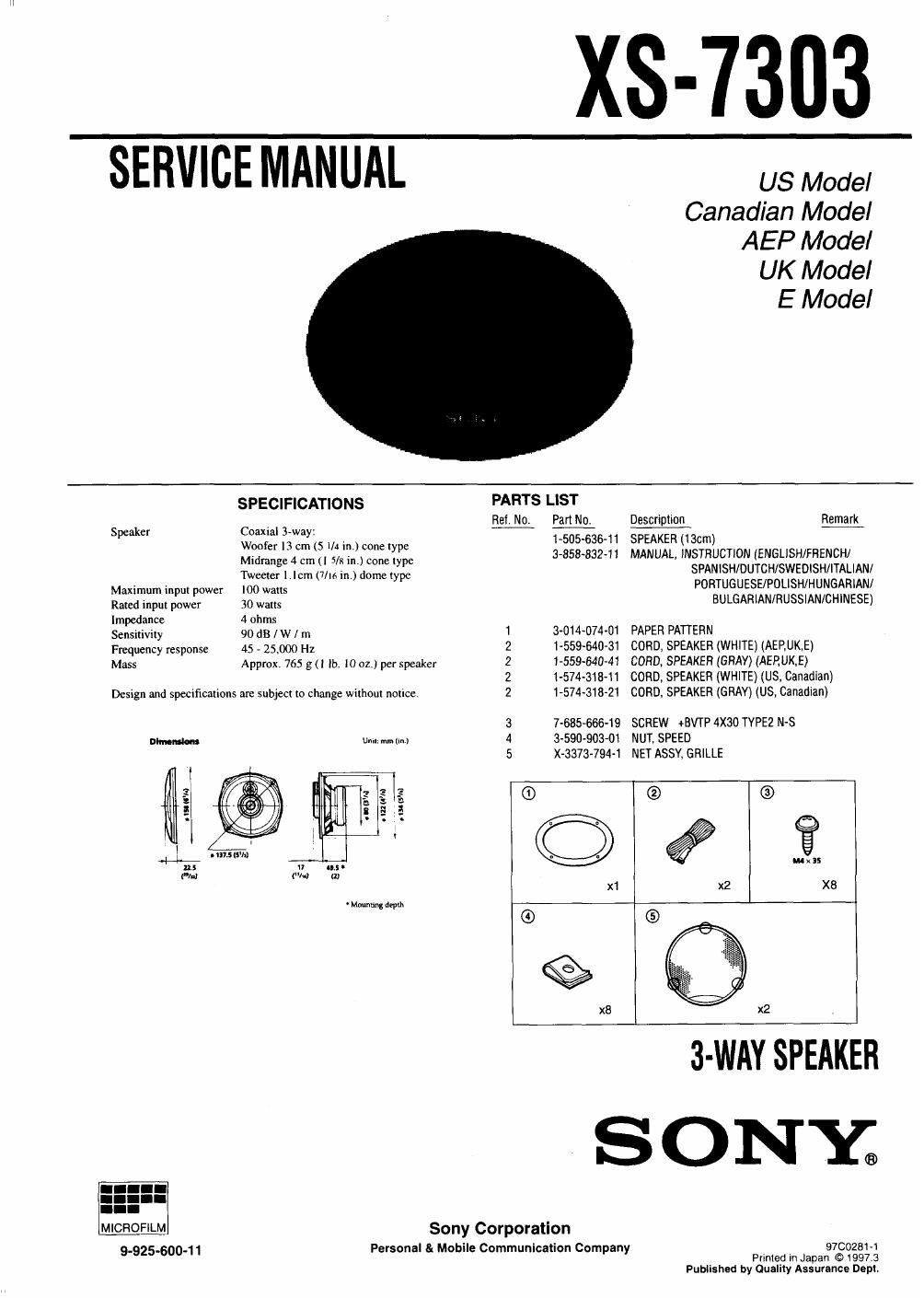 sony xs 7303 service manual