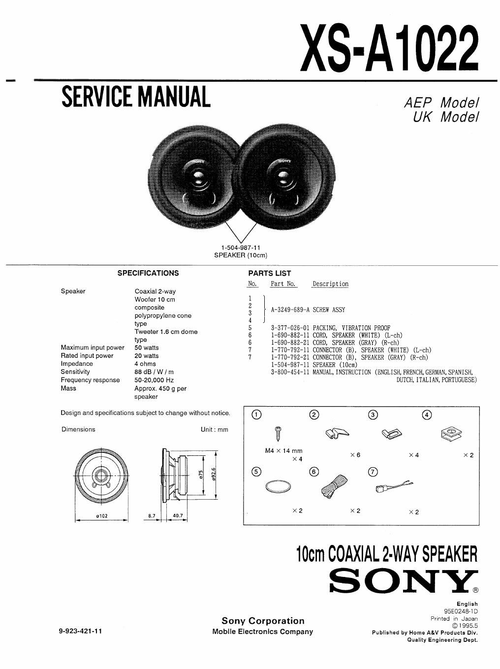 sony xs a 1022 service manual