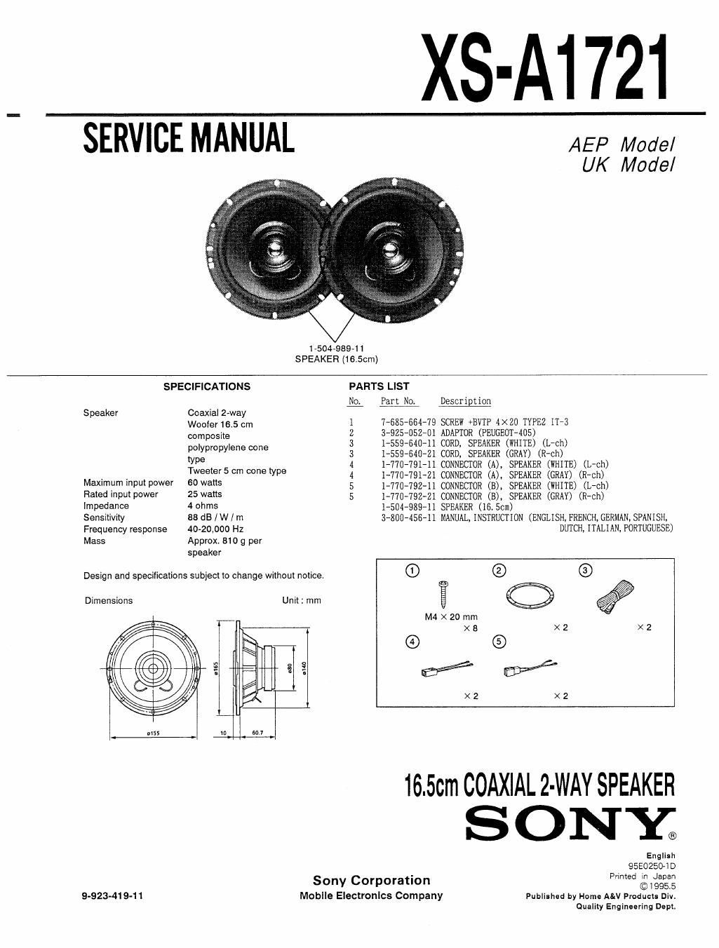 sony xs a 1721 service manual