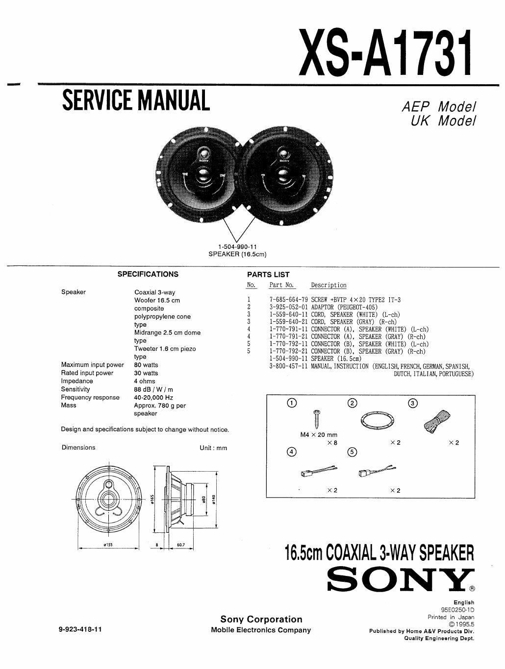 sony xs a 1731 service manual