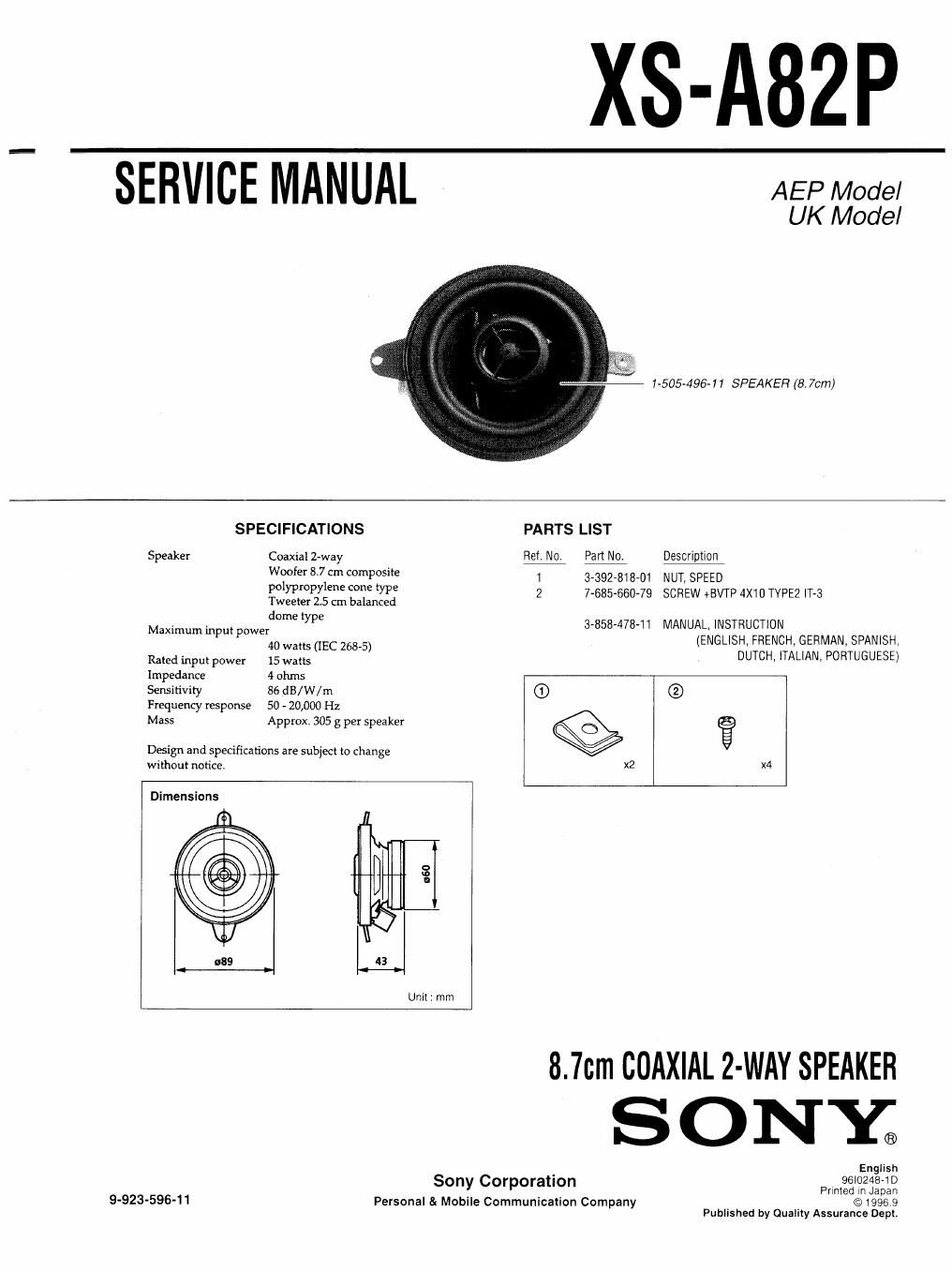 sony xs a 82 p service manual