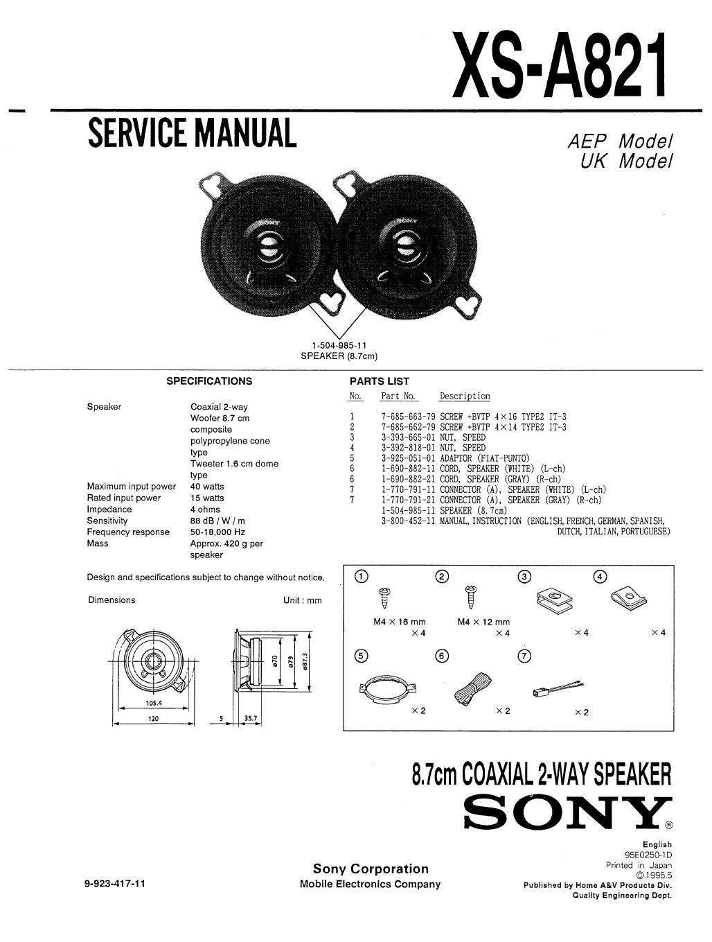 sony xs a 821 service manual