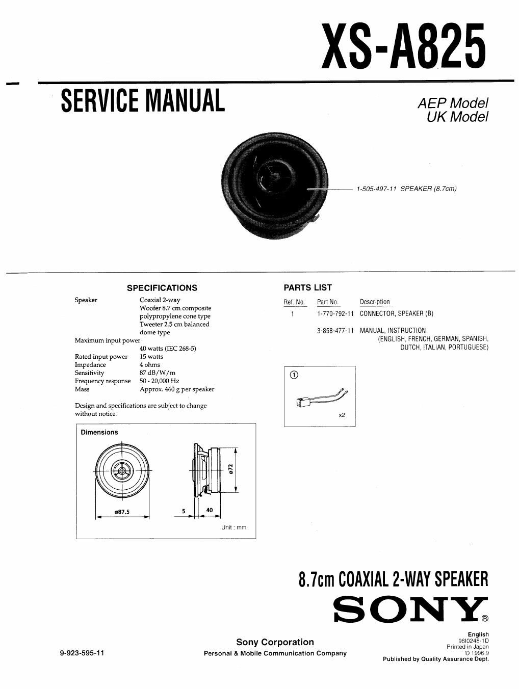 sony xs a 825 service manual