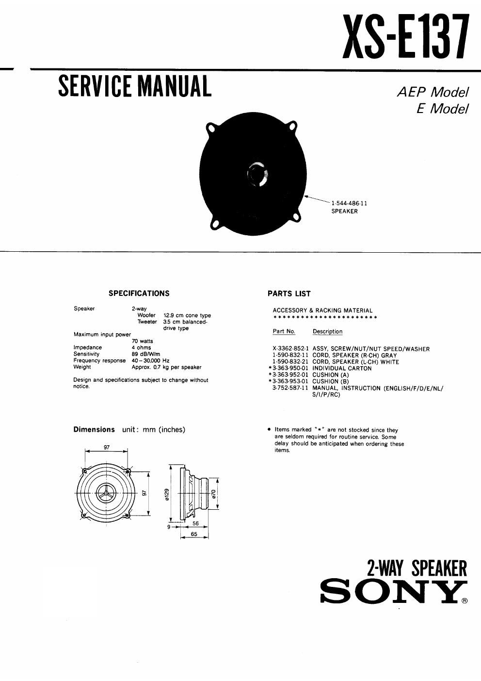 sony xs e 137 service manual