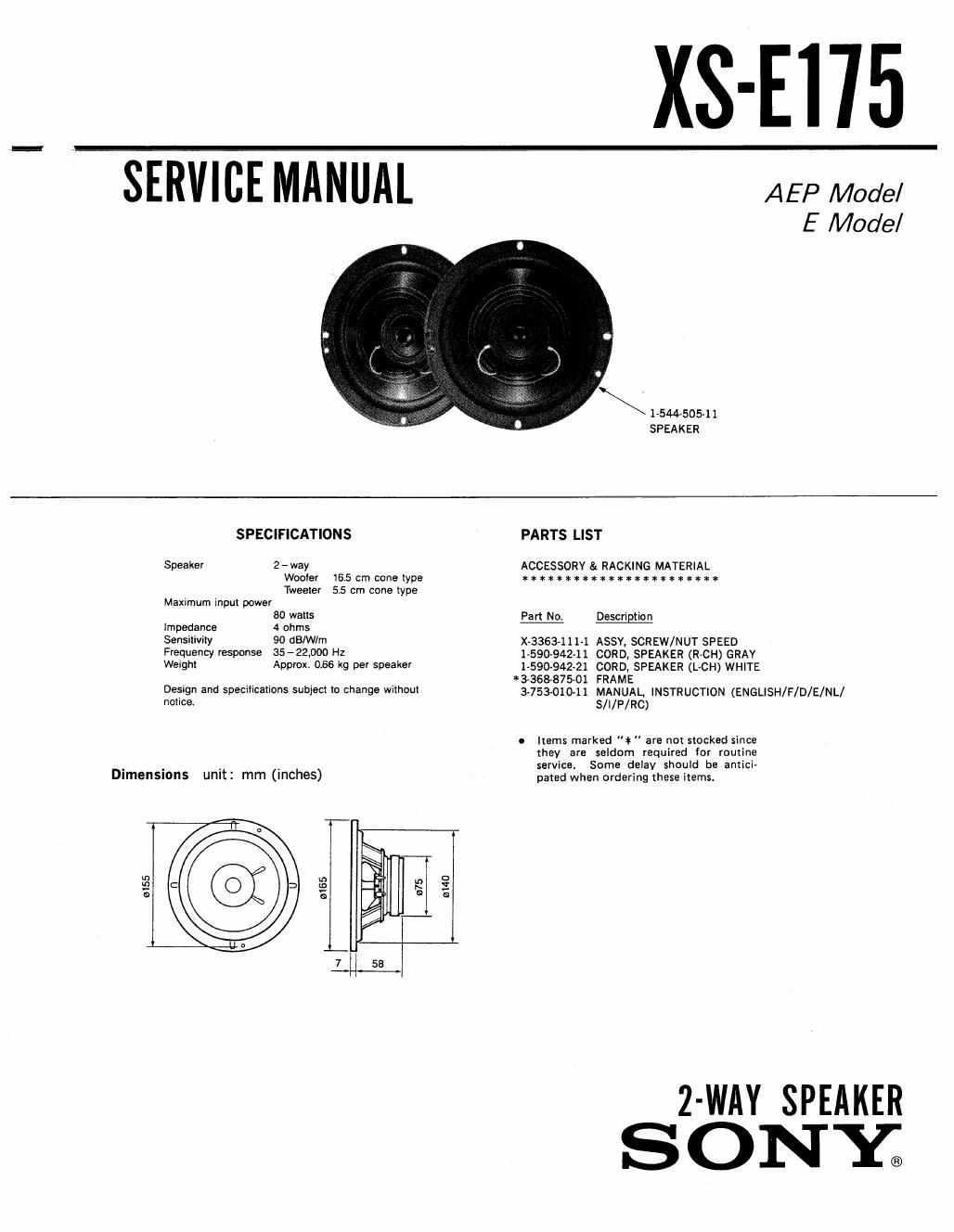 sony xs e 175 service manual