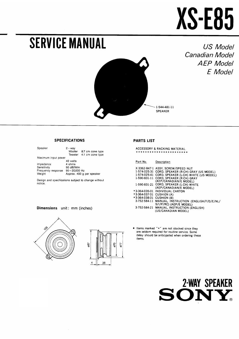 sony xs e 85 service manual