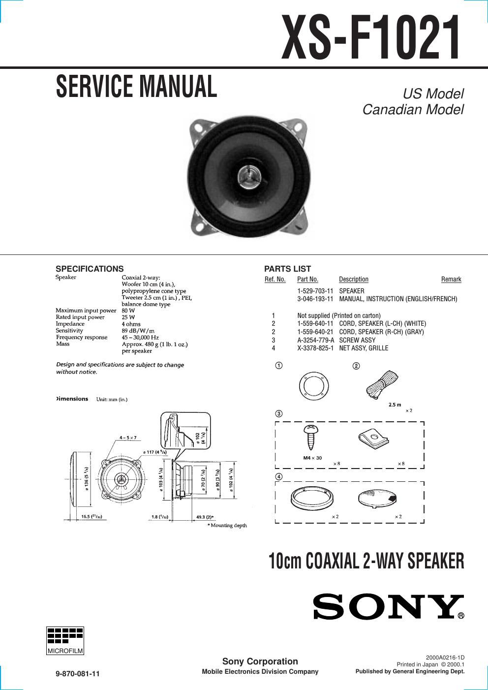 sony xs f 1021 service manual