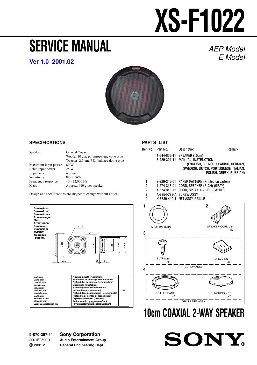 sony xs f 1022 service manual