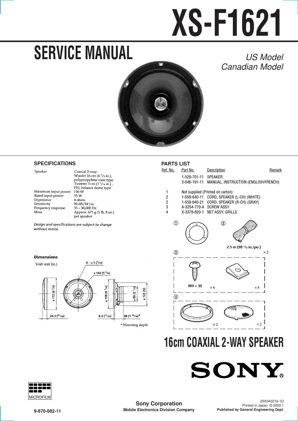 sony xs f 1621 service manual