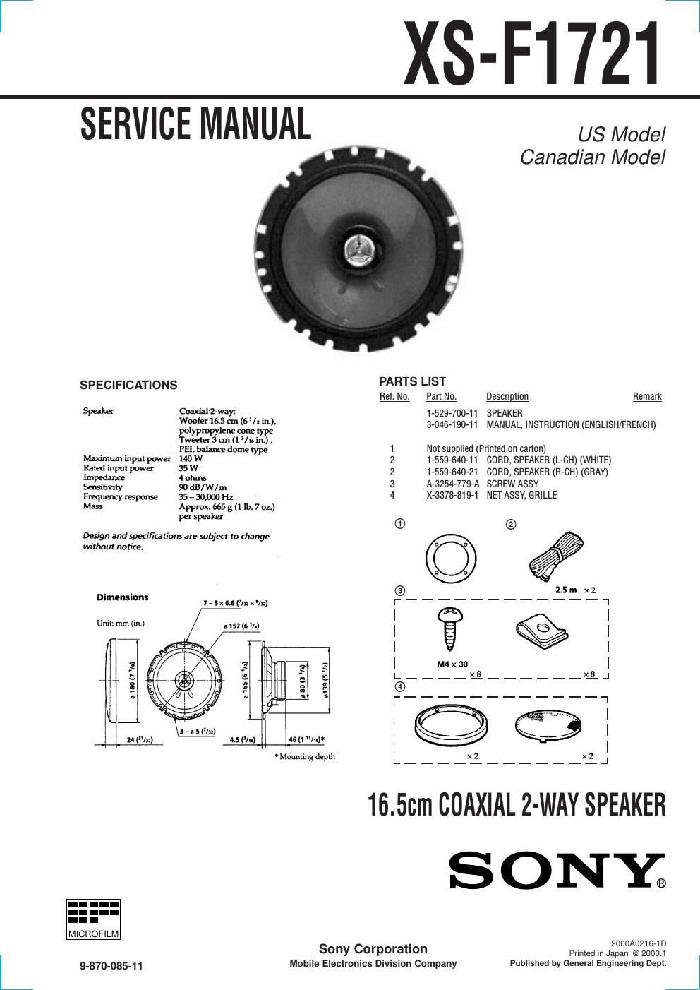 sony xs f 1721 service manual