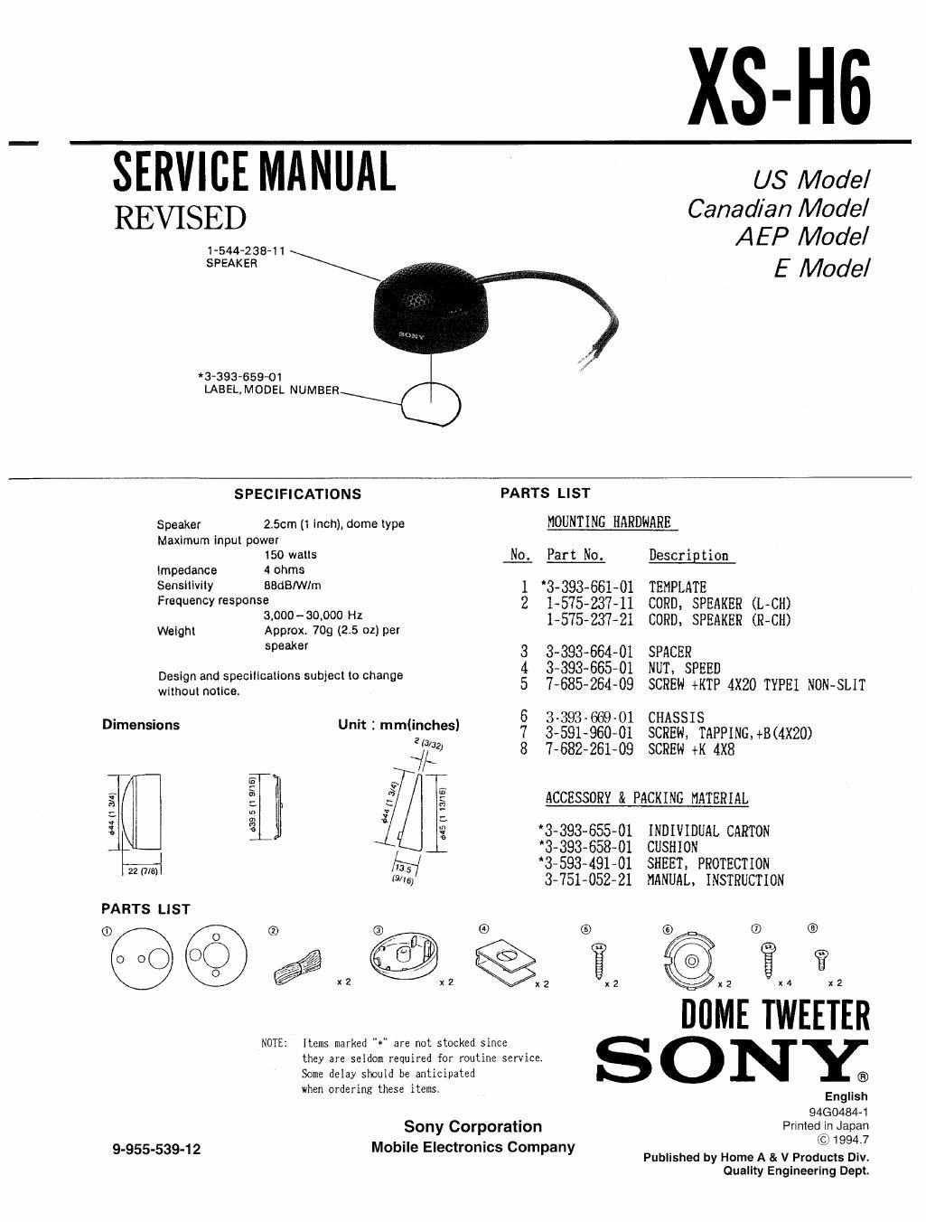 sony xs h 6 service manual