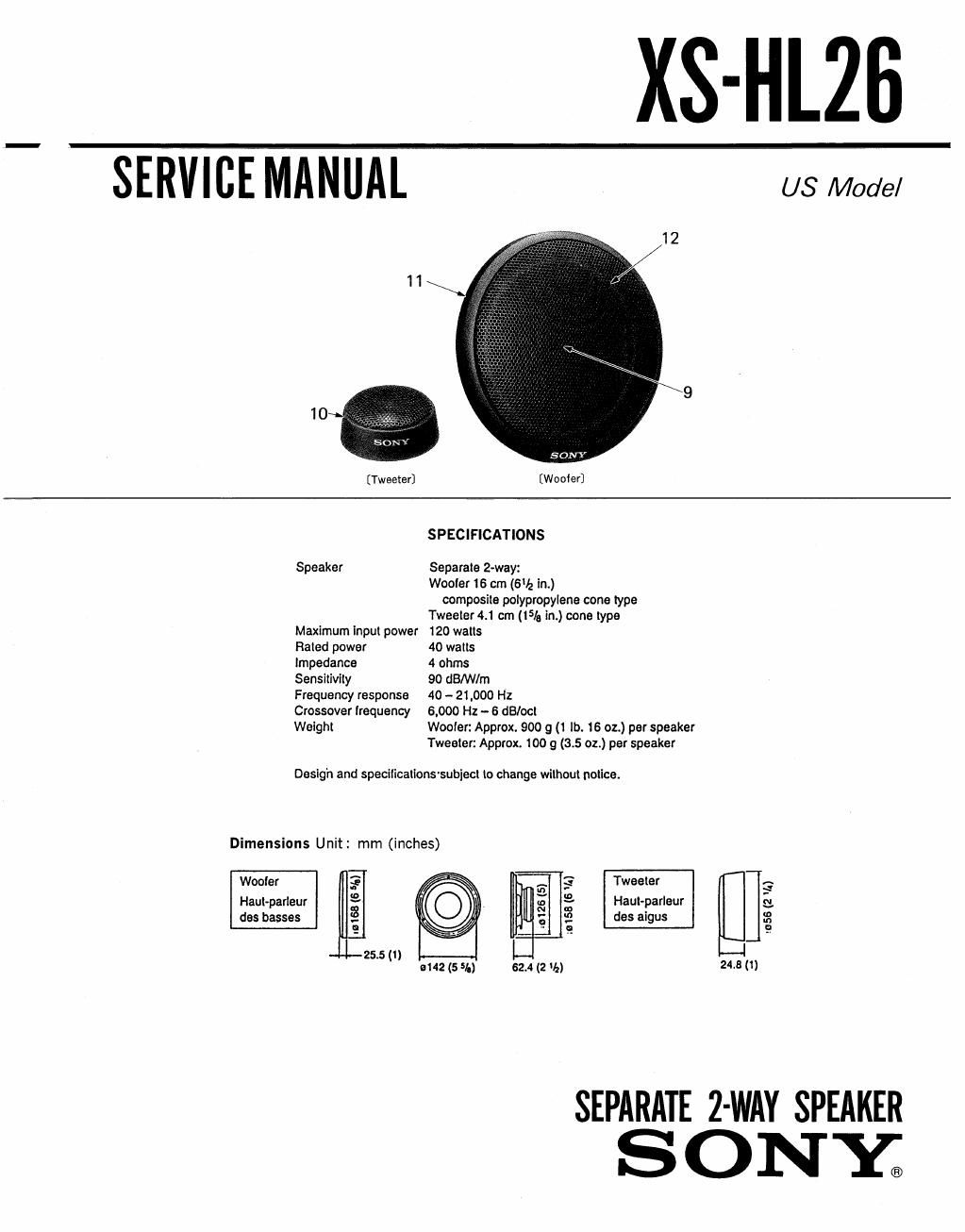 sony xs hl 26 service manual