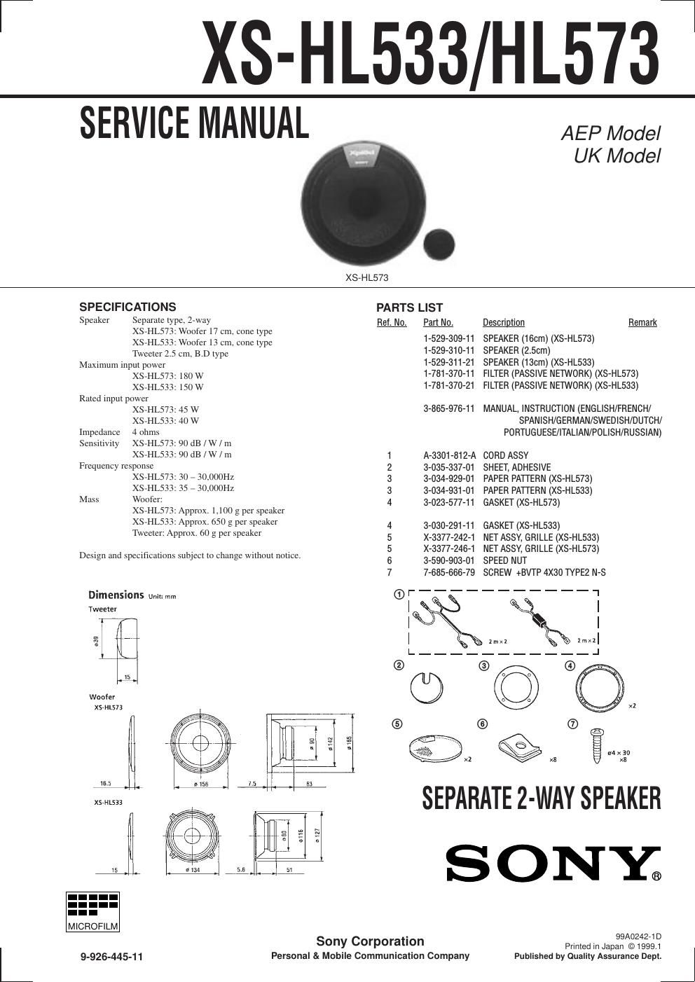 sony xs hl 533 service manual