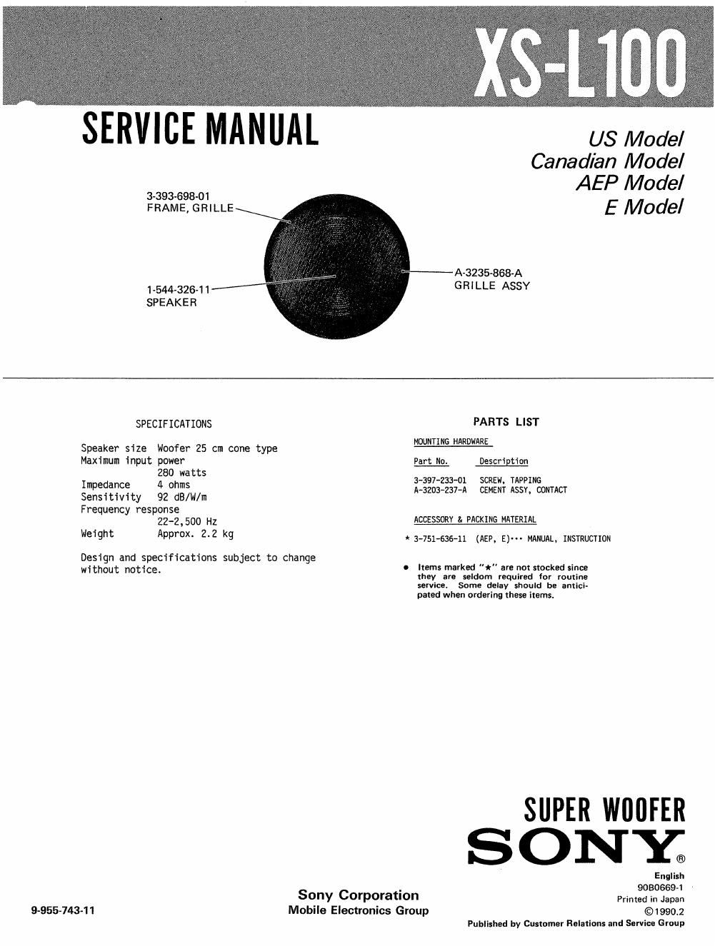 sony xs l 100 service manual